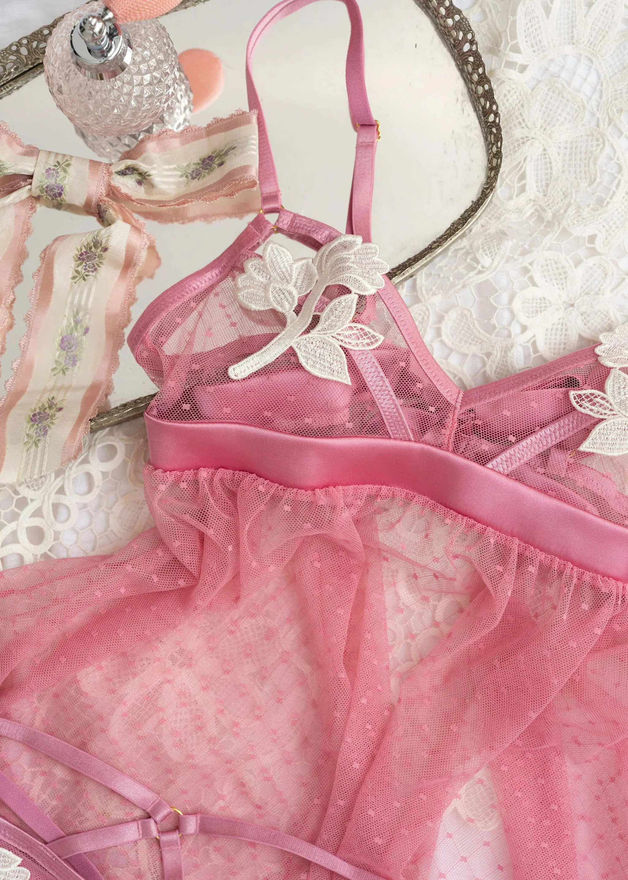 Appliqué & Diamond Mesh Babydoll - Rose - Image 14