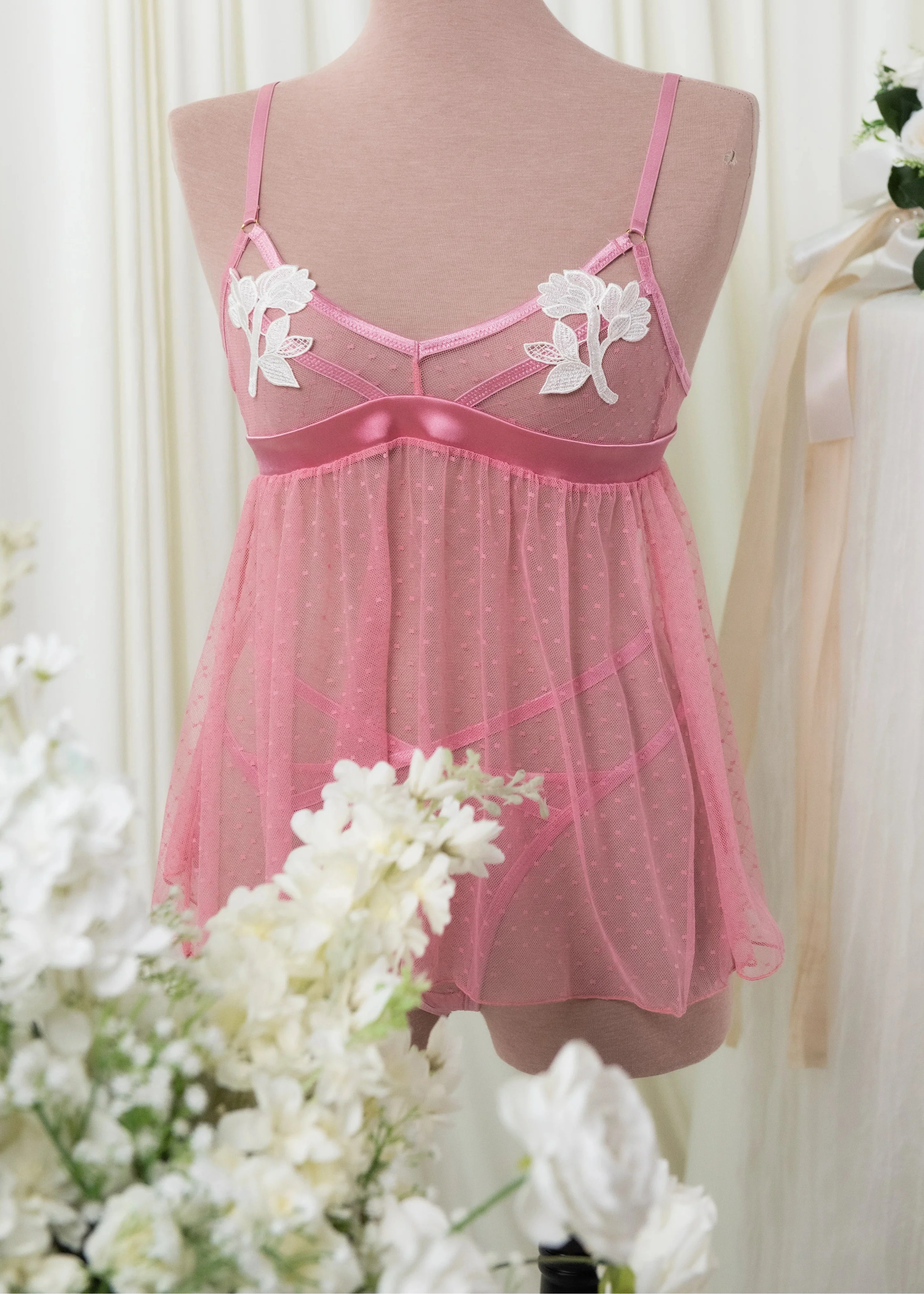 Appliqué & Diamond Mesh Babydoll - Rose - Image 15