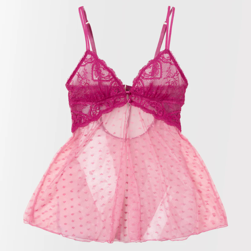 Heart Lace & Mesh Button Babydoll - Fuchsia