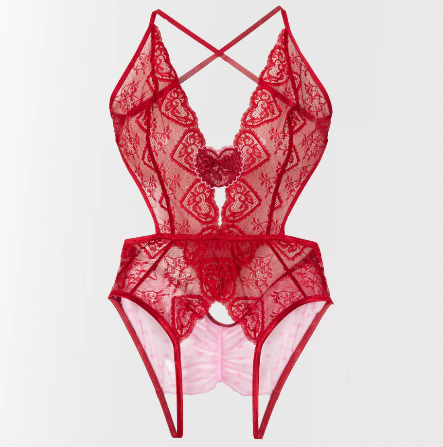 Heart Lace & Mesh Crotchless Teddy - Red