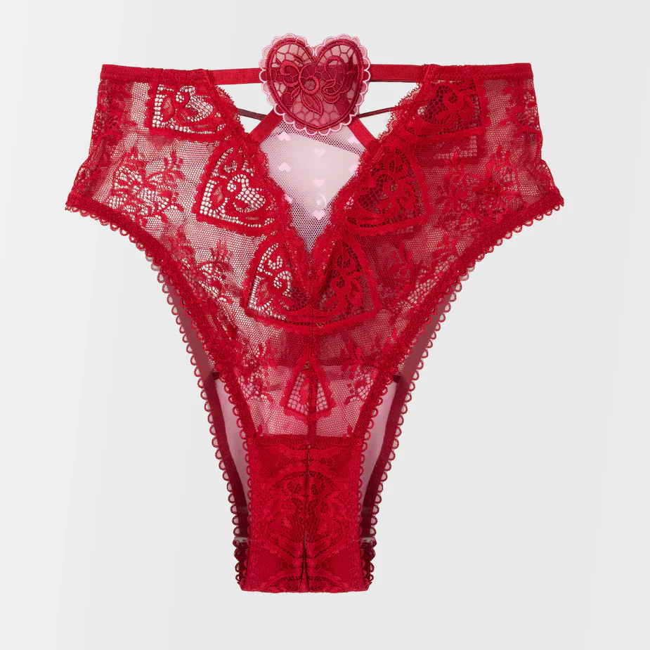 High Waist Lace Up Crotchless Panty - Red - Image 2
