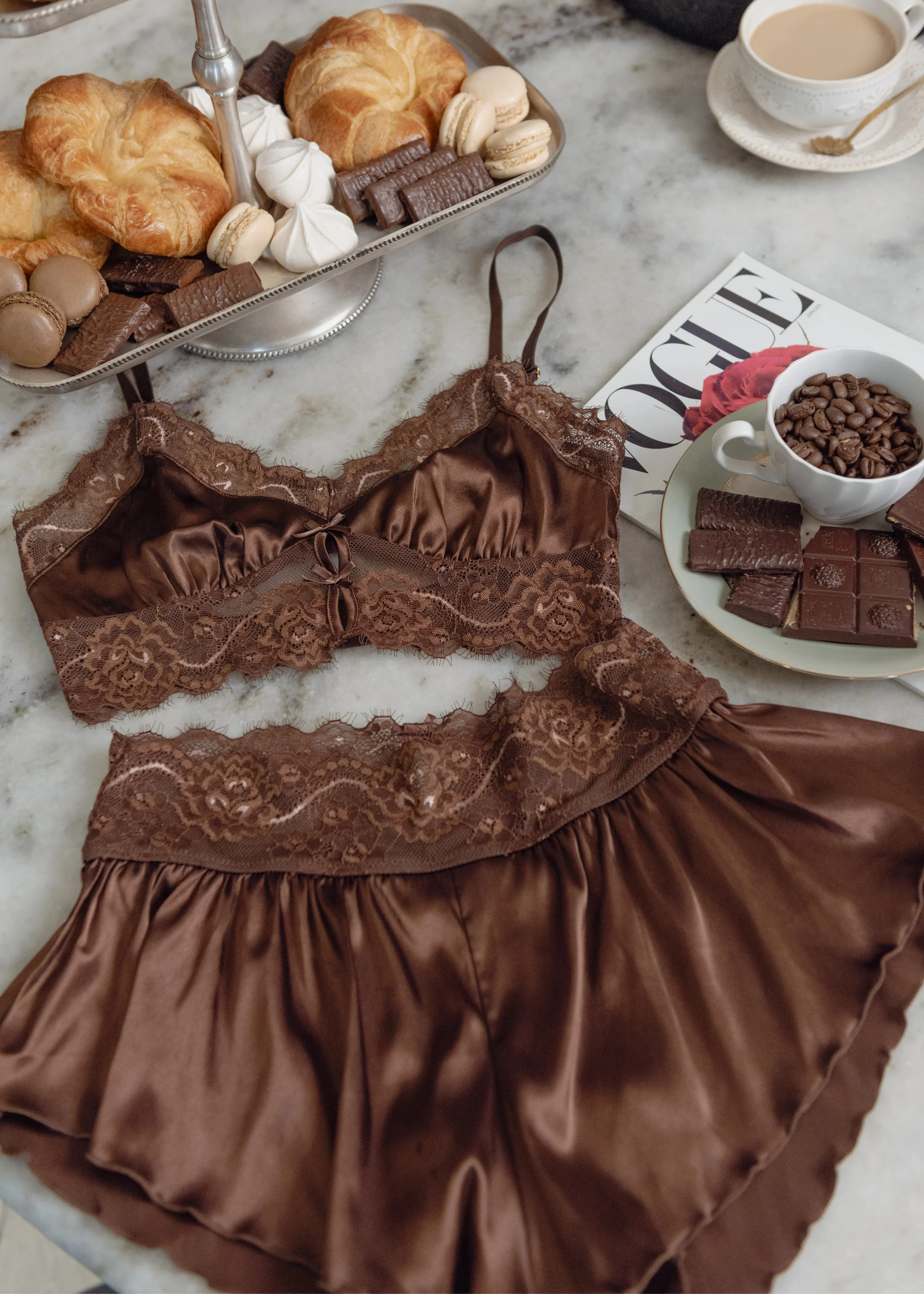 High Waist Lacy Satin Tap Shorts - Chocolate - Image 12