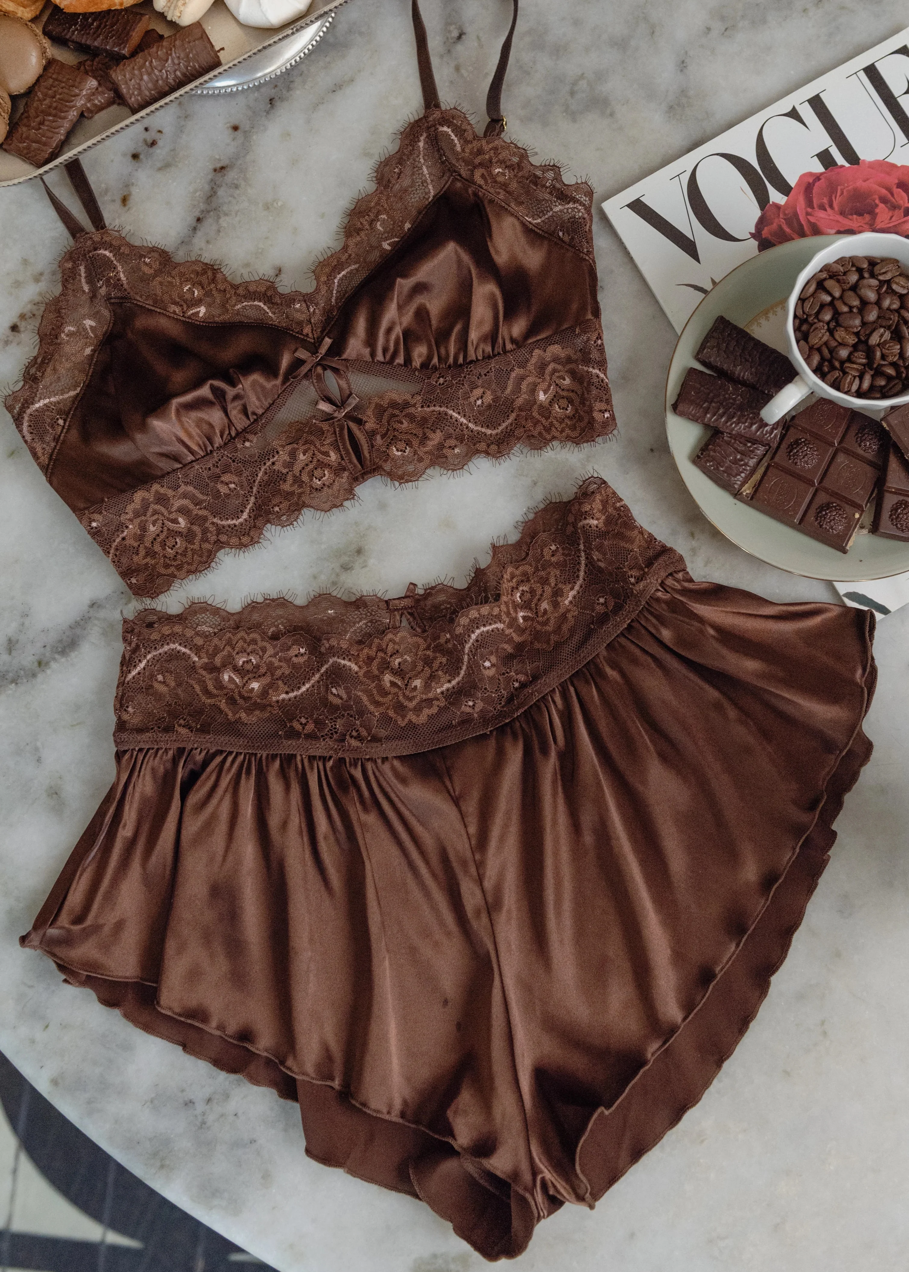 High Waist Lacy Satin Tap Shorts - Chocolate - Image 14