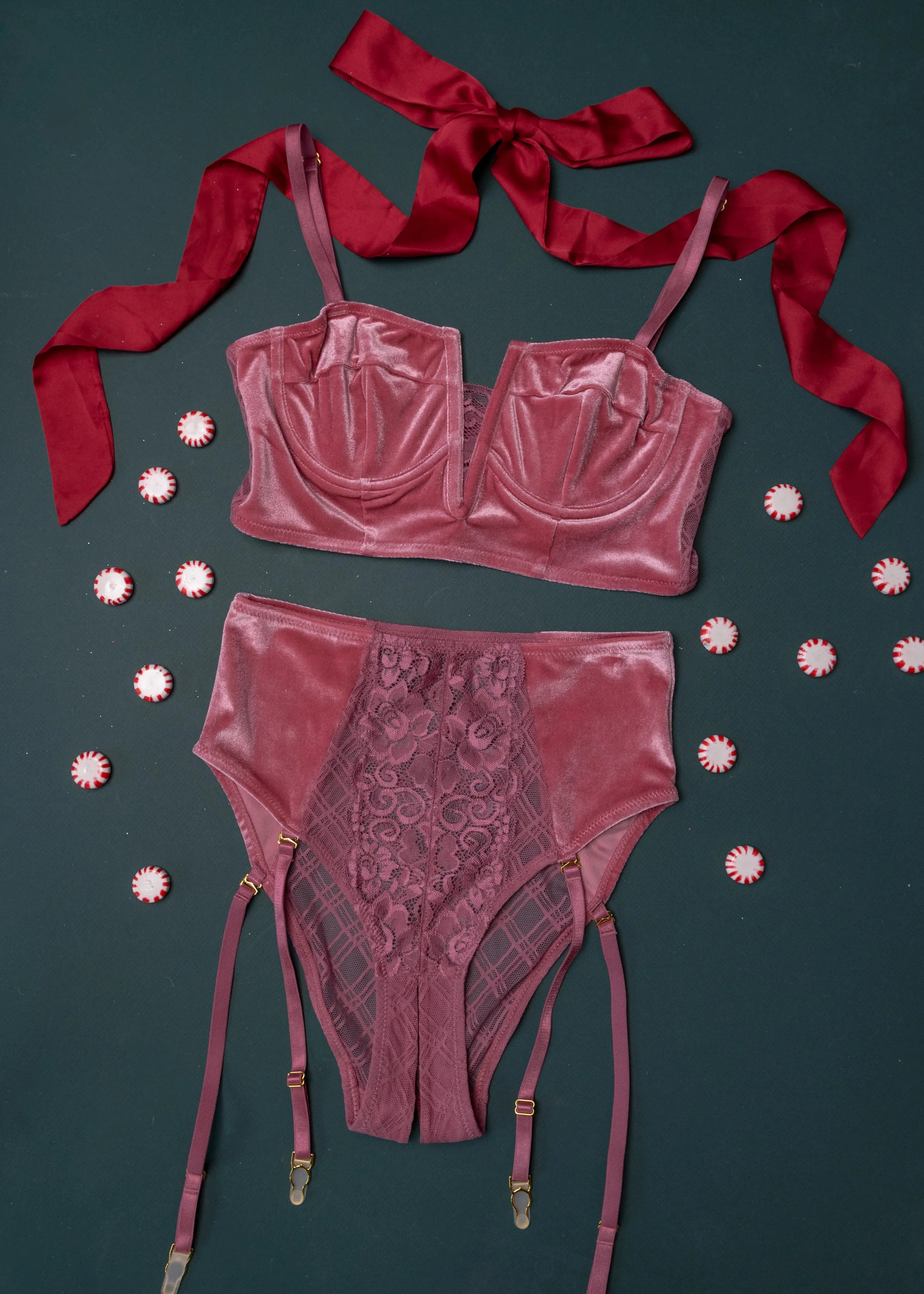 High Waist Velvet Crotchless Garter Panty - Sugarplum Pink - Image 14