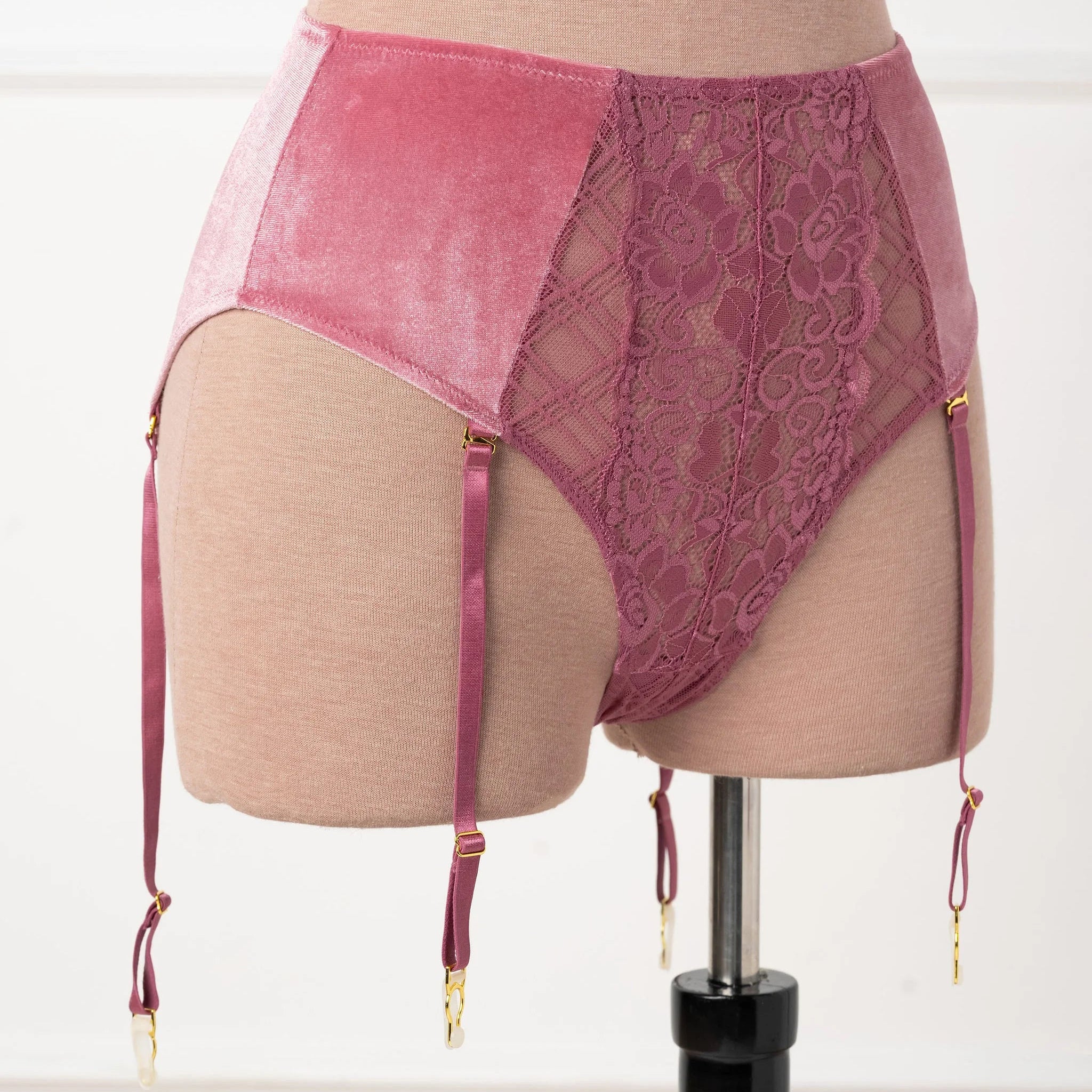 High Waist Velvet Crotchless Garter Panty - Sugarplum Pink - Image 7