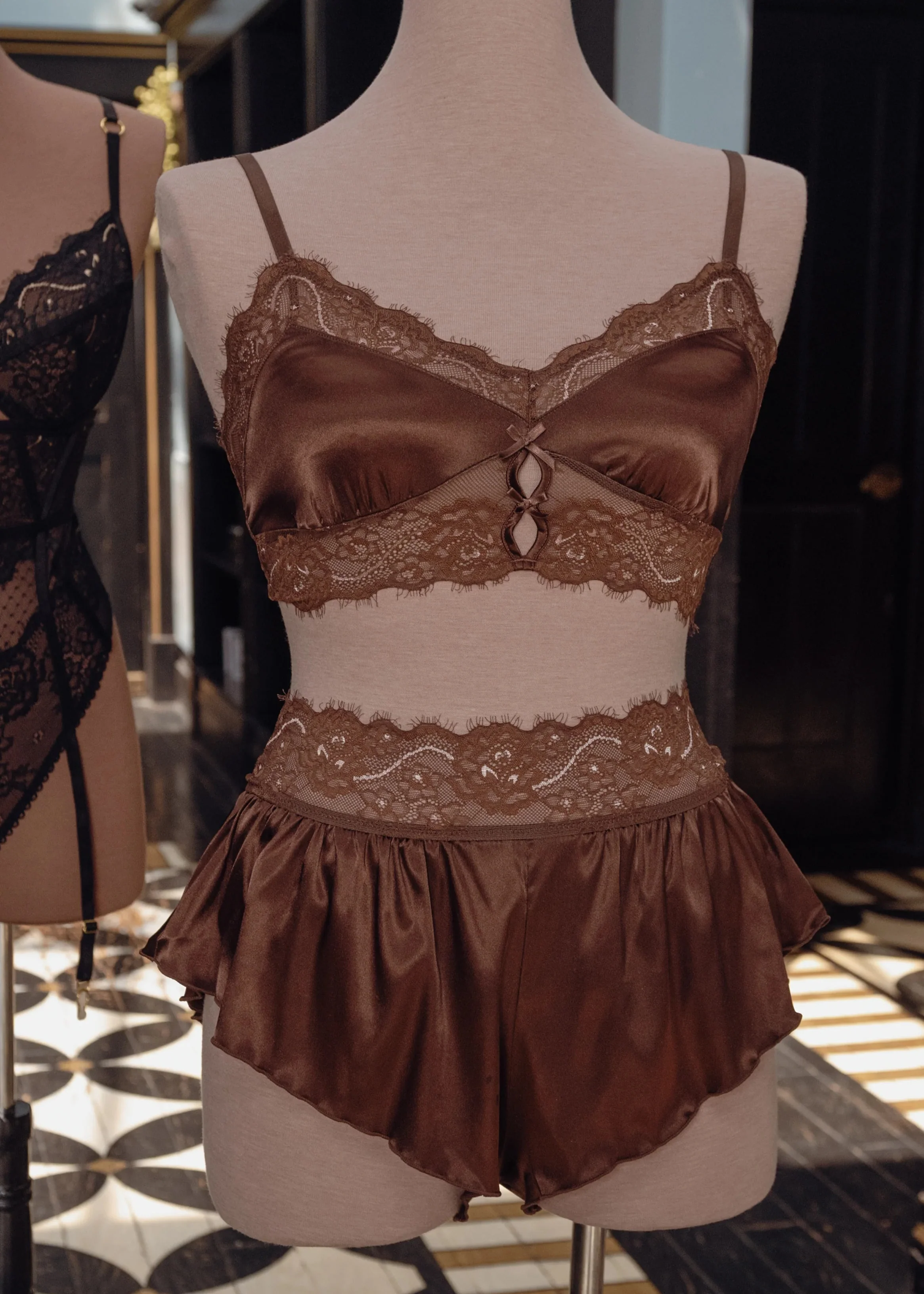 Lacy Satin Keyhole Bralette - Chocolate - Image 16