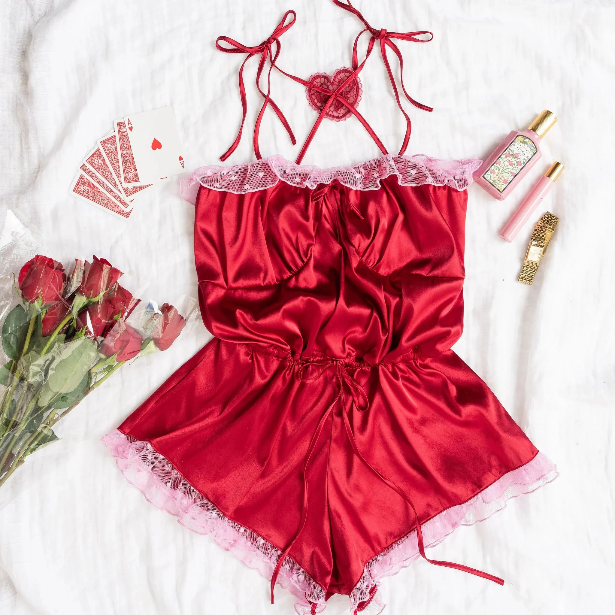 Satin Cross-Back Romper - Red