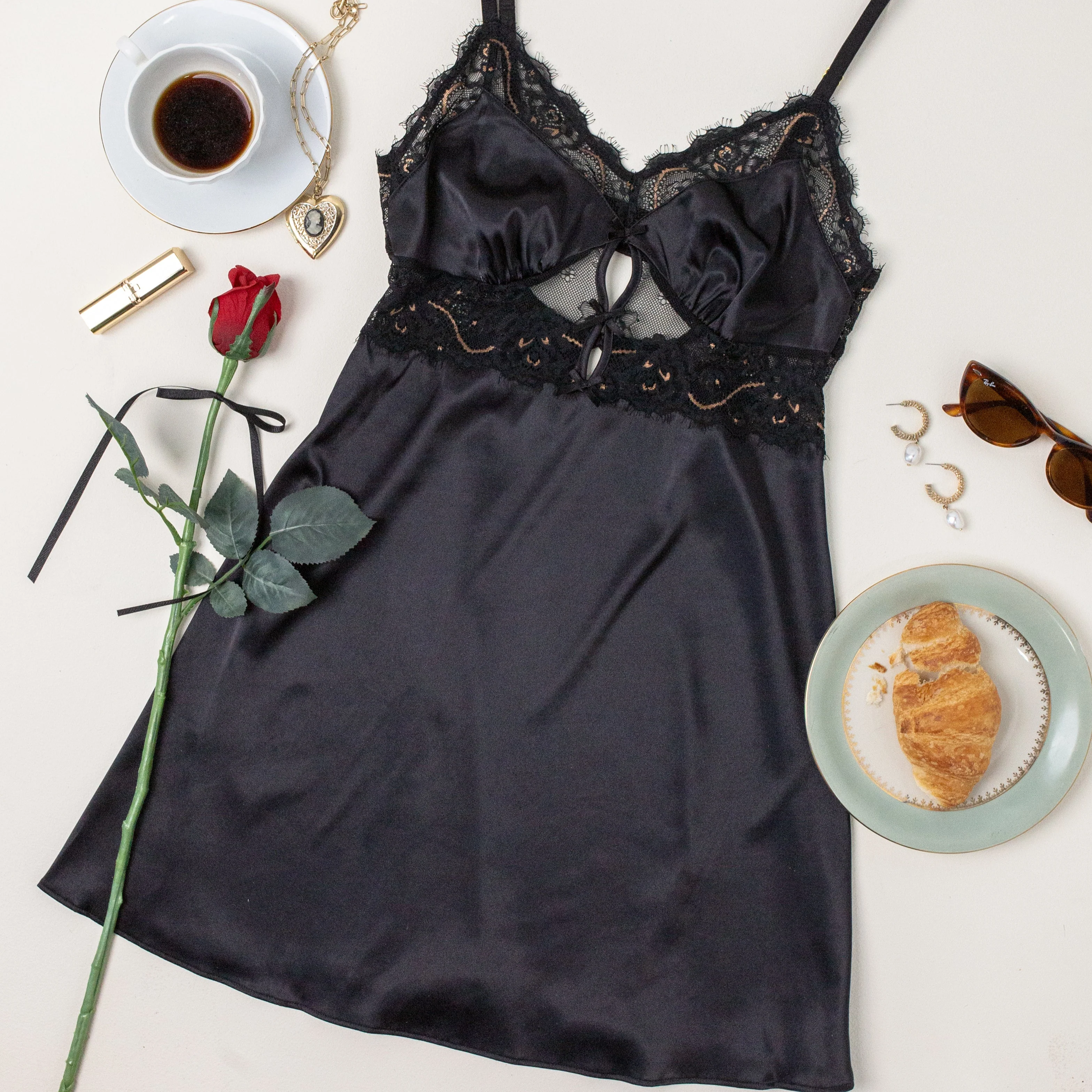 Satin & Eyelash Lace Slip - Black Espresso - Image 3