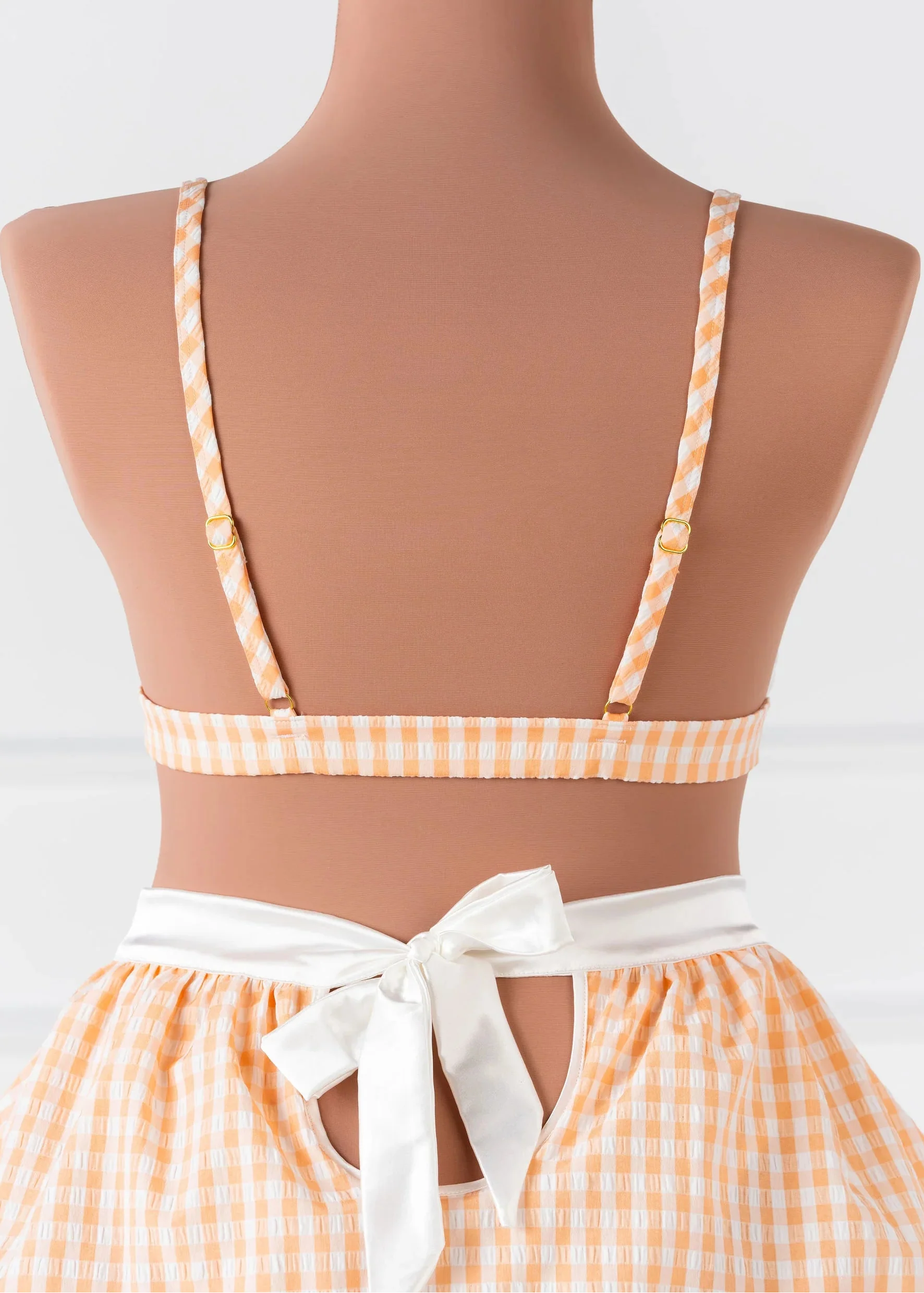 Satin & Eyelet Lace Bow Bralette - Peach Gingham - Image 13