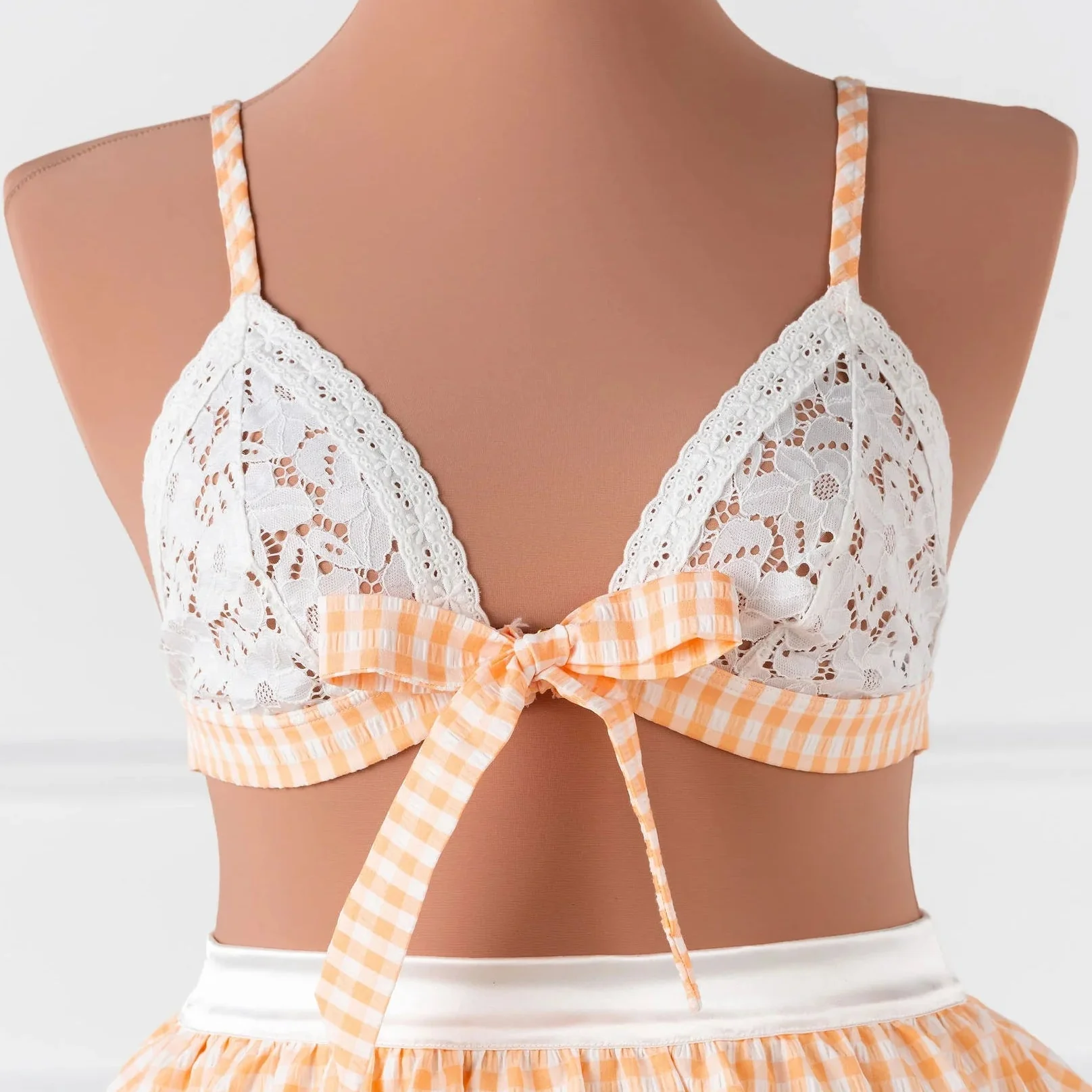 Satin & Eyelet Lace Bow Bralette - Peach Gingham - Image 2