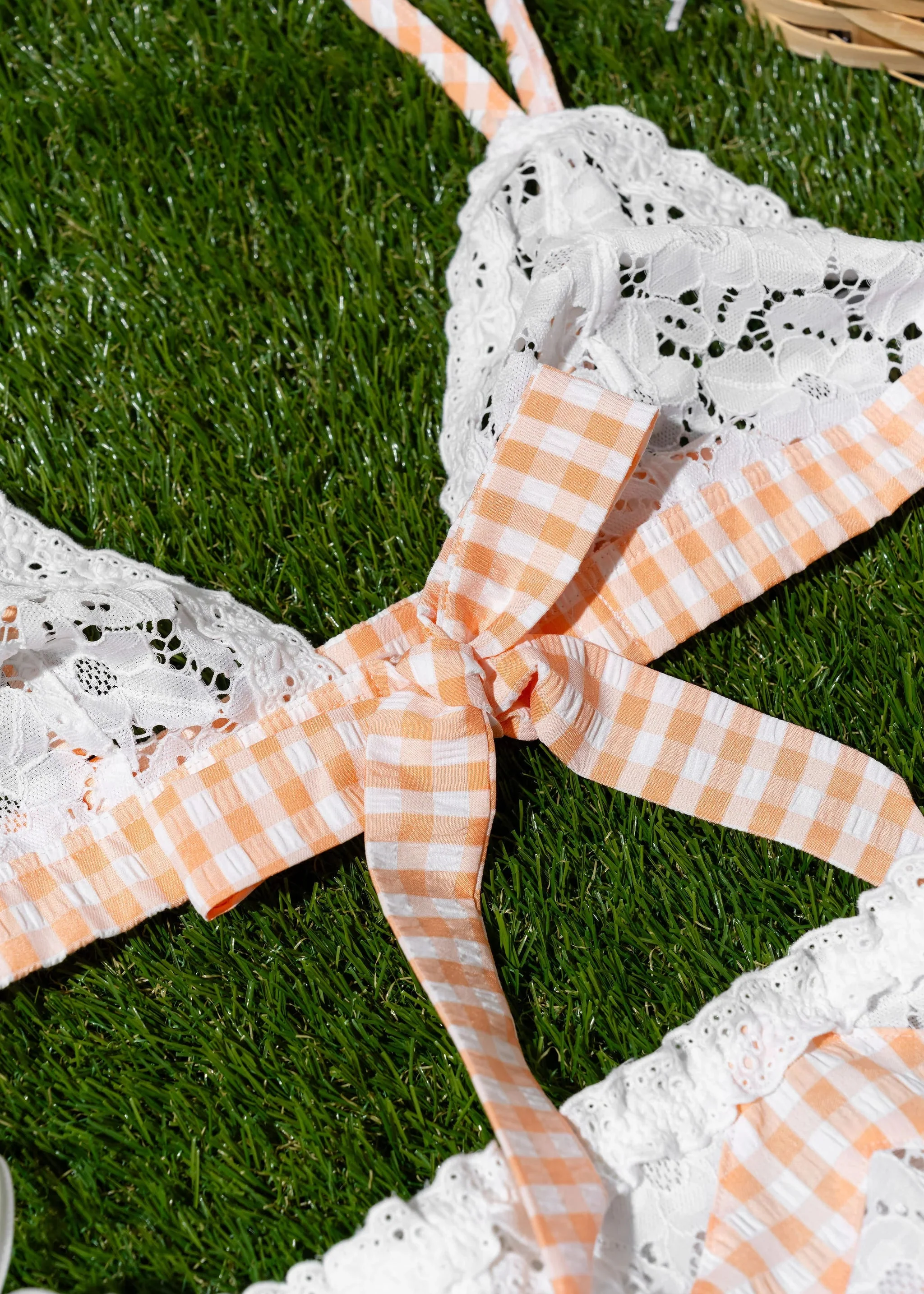 Satin & Eyelet Lace Bow Bralette - Peach Gingham - Image 26