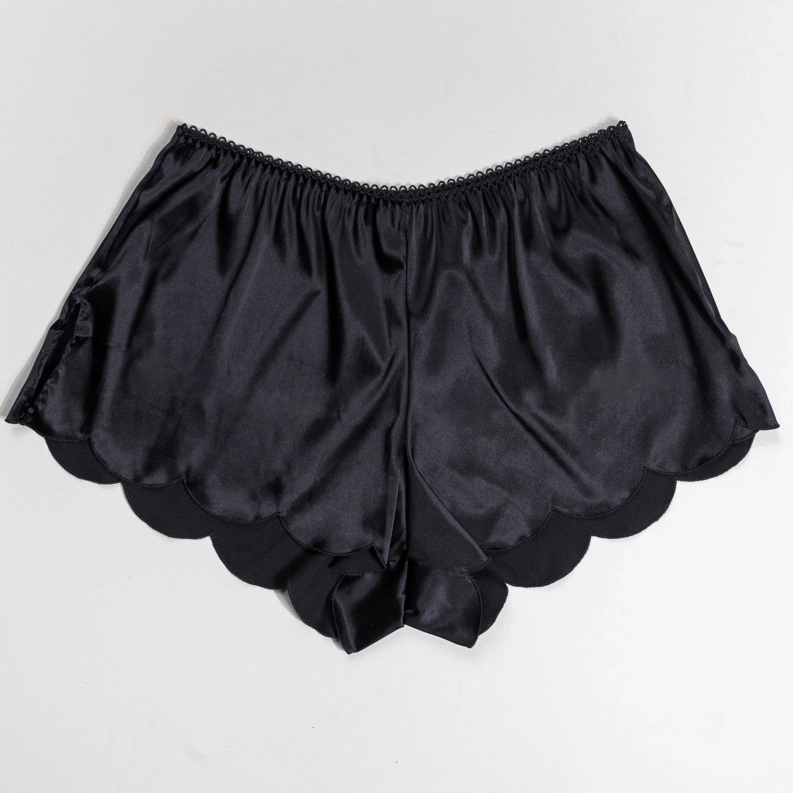 Scalloped Embroidered Satin Shorts - Black
